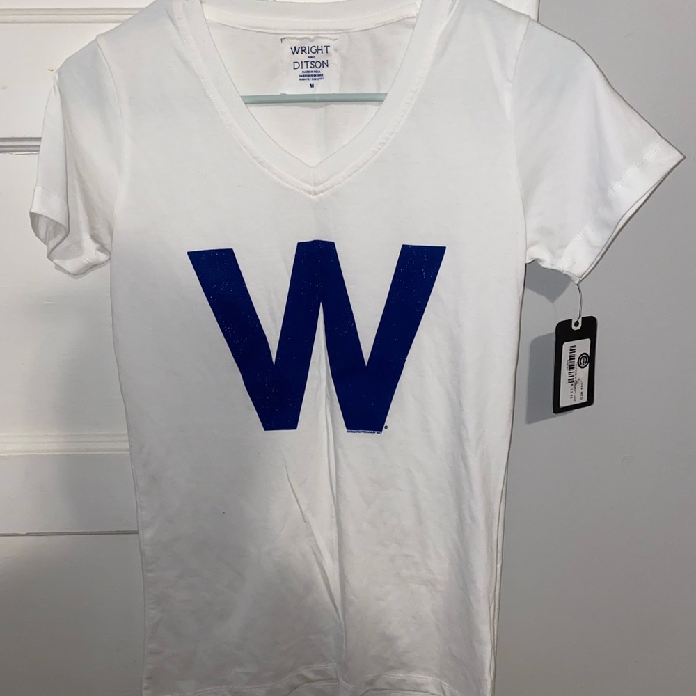 NWT-Wright & Ditson Women's White V-Neck Tee with Blue 'W'